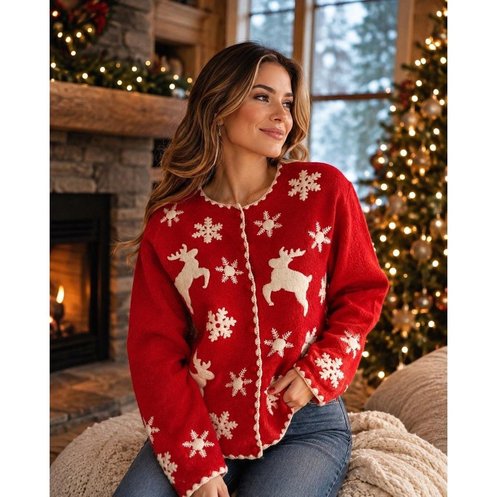 Marisa Christina Vintage Wool Christmas Sweater Women Reindeer Snowflake Red